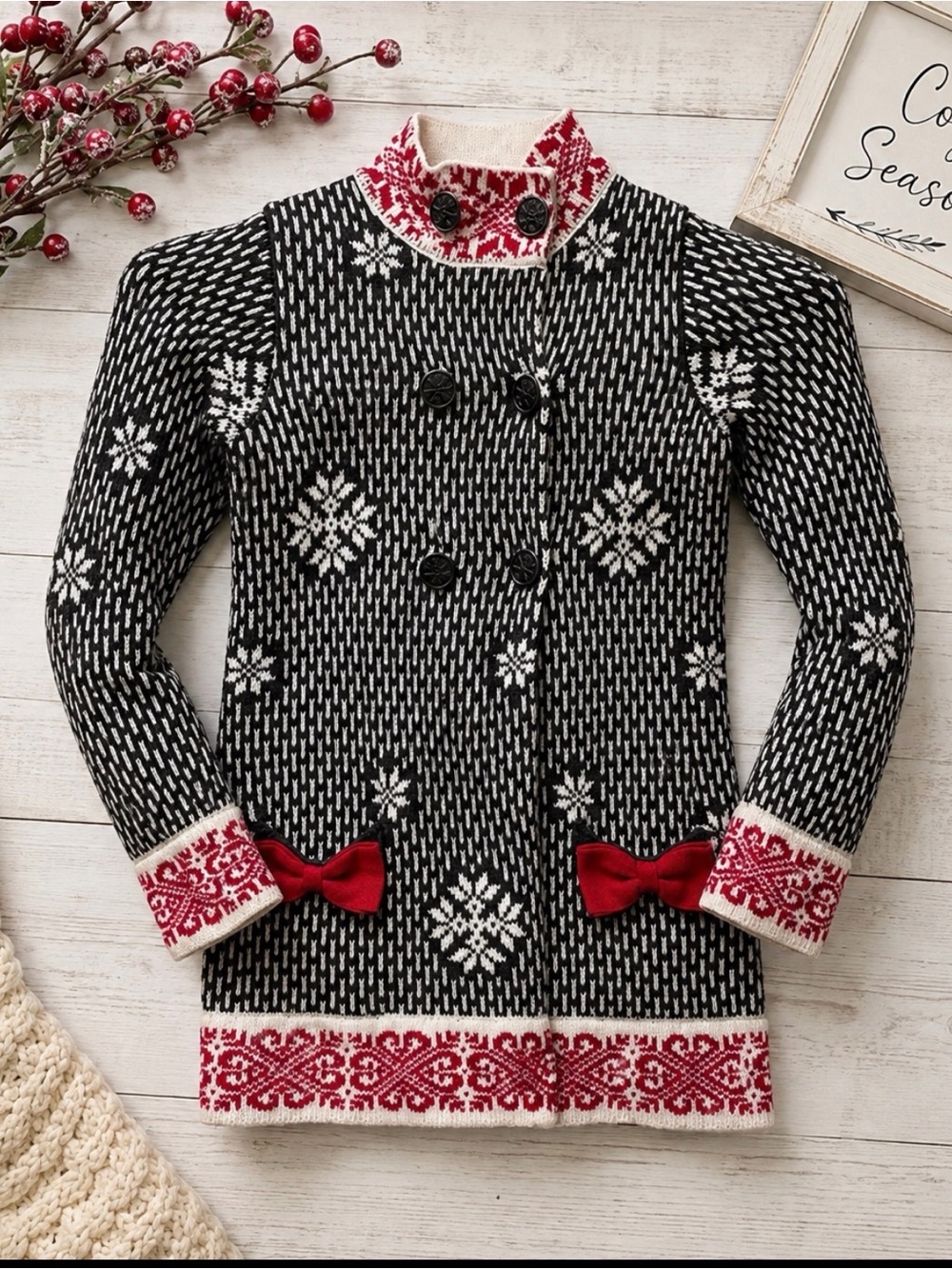 Heirloom by Polly Finders Knit Coat sweater cardigan with Red bow Highlights M